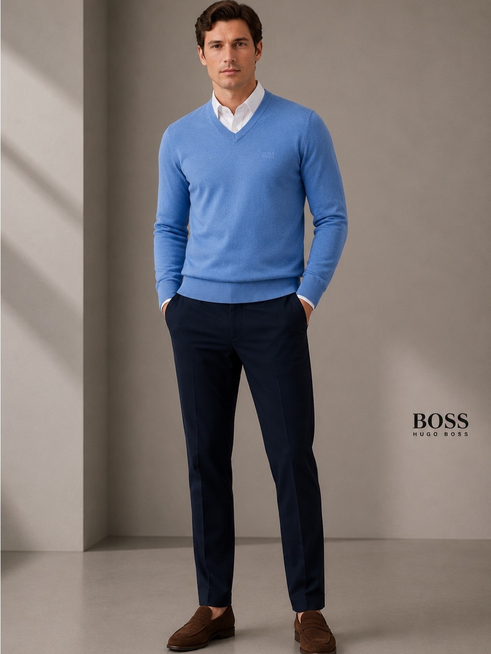 Hugo Boss Men’s V-Neck Wool Blend Sky Blue Sweater Size S Regular Fit
